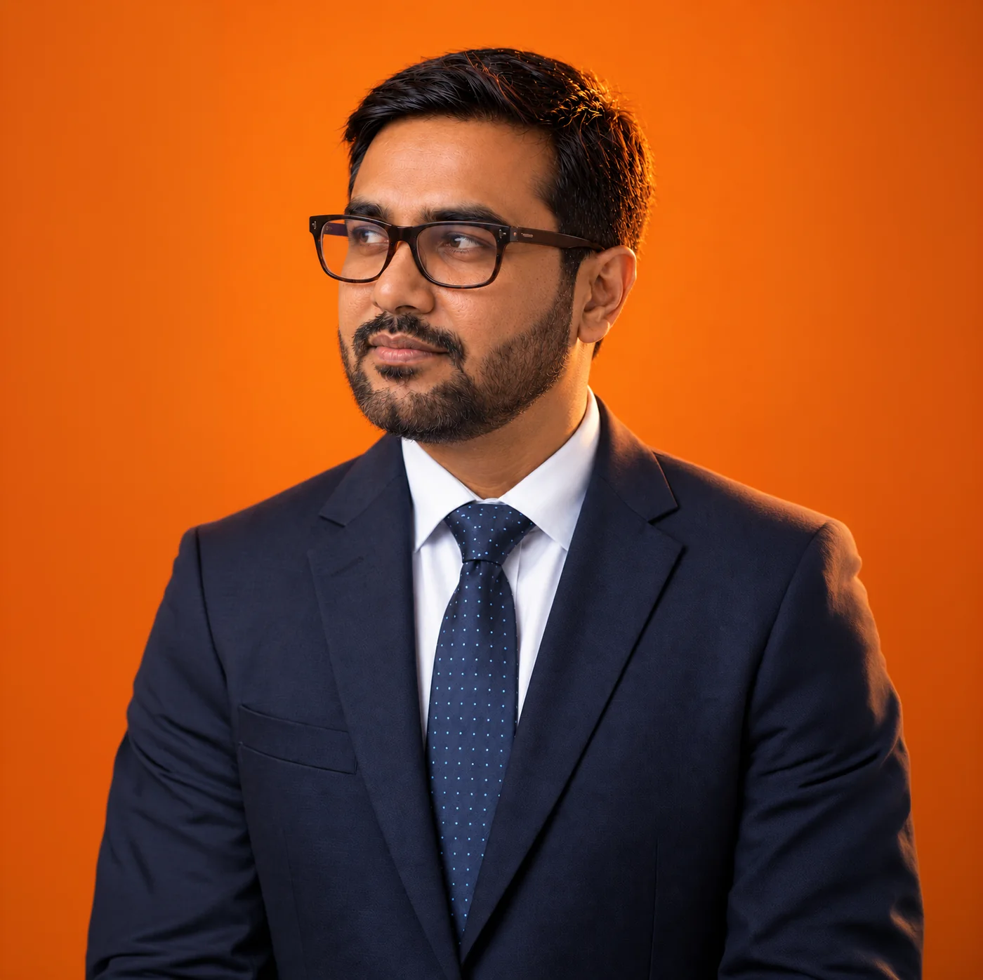 Alif Meherab, marketing consultant in Chattogram, in a navy suit against an orange background